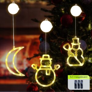 Kerstverlichting Raam Sneeuwpop met Bezem + Sneeuwpop met Twee Armen + Maan - ø18cm - Inclusief Batterijen - Kerstversiering met Zuignap