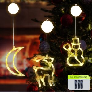 Kerstverlichting Raam Sneeuwpop met Bezem + Maan + Rendier - ø18cm - Inclusief Batterijen - Kerstversiering met Zuignap