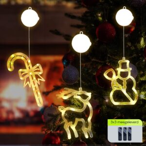 Kerstverlichting Raam Sneeuwpop met Bezem + Rendier + Zuurstok - ø18cm - Inclusief Batterijen - Kerstversiering met Zuignap