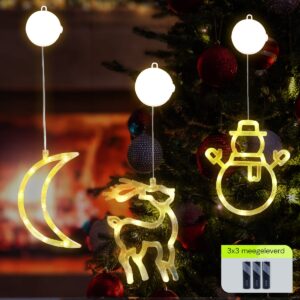 Kerstverlichting Raam Sneeuwpop met Twee Armen + Maan + Rendier - ø18cm - Inclusief Batterijen - Kerstversiering met Zuignap