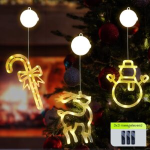 Kerstverlichting Raam Sneeuwpop met Twee Armen + Rendier + Zuurstok - ø18cm - Inclusief Batterijen - Kerstversiering met Zuignap