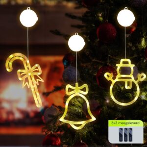 Kerstverlichting Raam Sneeuwpop met Twee Armen + Zuurstok + Kerstbel - ø18cm - Inclusief Batterijen - Kerstversiering met Zuignap