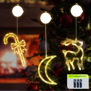 Kerstverlichting Raam Maan + Rendier + Zuurstok - ø18cm - Inclusief Batterijen - Kerstversiering met Zuignap