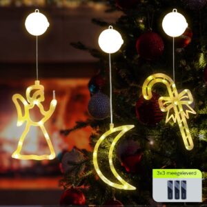 Kerstverlichting Raam Maan + Kerstbel + Kerstengel - ø18cm - Inclusief Batterijen - Kerstversiering met Zuignap