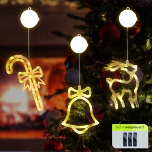 Kerstverlichting Raam Rendier + Zuurstok + Kerstbel - ø18cm - Inclusief Batterijen - Kerstversiering met Zuignap