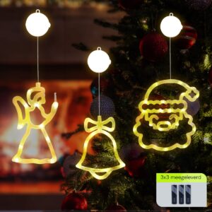 Kerstverlichting Raam Kerstbel + Kerstengel + Kerstman Gezicht - ø18cm - Inclusief Batterijen - Kerstversiering met Zuignap
