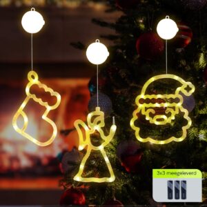 Kerstverlichting Raam Kerstengel + Kerstman Gezicht + Kerstsok - ø18cm - Inclusief Batterijen - Kerstversiering met Zuignap