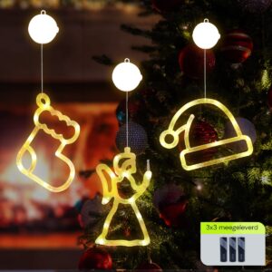 Kerstverlichting Raam Kerstengel + Kerstsok + Kerstmuts - ø18cm - Inclusief Batterijen - Kerstversiering met Zuignap