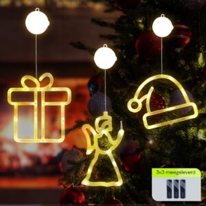 Kerstverlichting Raam Kerstengel + Kerstmuts + Kerstcadeau - ø18cm - Inclusief Batterijen - Kerstversiering met Zuignap