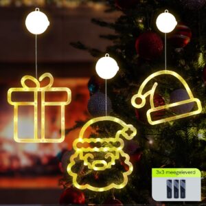 Kerstverlichting Raam Kerstman Gezicht + Kerstmuts + Kerstcadeau - ø18cm - Inclusief Batterijen - Kerstversiering met Zuignap