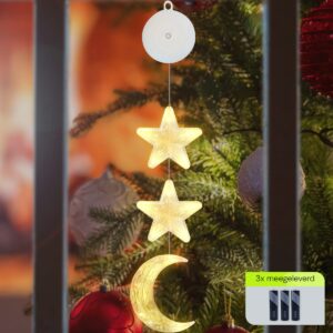 Kerstverlichting Raam Maan - 75cm - Inclusief Batterijen - Kerstversiering met Zuignap - Warm Wit