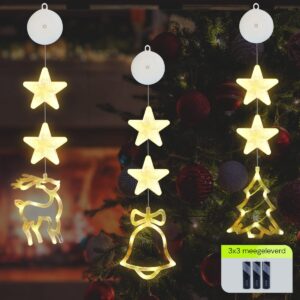 Kerstverlichting Raam Kerstbel, Kerstboom, Rendier - 73-82cm - Inclusief Batterijen - Kerstversiering met Zuignap - Warm Wit