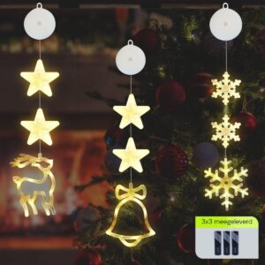 Kerstverlichting Raam Kerstbel, Rendier, Sneeuwvlokken - 73-82cm - Inclusief Batterijen - Kerstversiering met Zuignap - Warm Wit