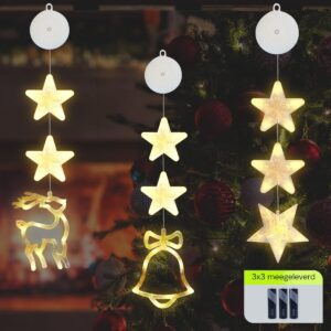 Kerstverlichting Raam Kerstbel, Rendier, Sterren - 73-82cm - Inclusief Batterijen - Kerstversiering met Zuignap - Warm Wit