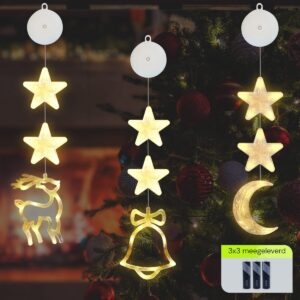 Kerstverlichting Raam Kerstbel, Maan, Rendier - 73-82cm - Inclusief Batterijen - Kerstversiering met Zuignap - Warm Wit