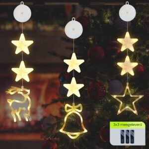 Kerstverlichting Raam Ster, Kerstbel, Rendier - 73-82cm - Inclusief Batterijen - Kerstversiering met Zuignap - Warm Wit