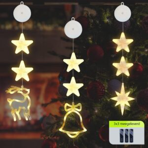Kerstverlichting Raam Kerstbel, Noorderster, Rendier - 73-82cm - Inclusief Batterijen - Kerstversiering met Zuignap - Warm Wit
