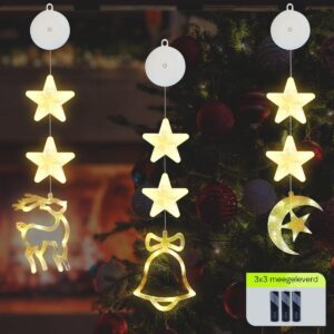 Kerstverlichting Raam Halve maan, Kerstbel, Rendier - 73-82cm - Inclusief Batterijen - Kerstversiering met Zuignap - Warm Wit