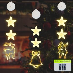 Kerstverlichting Raam Kerstbel, Kerstman, Rendier - 73-82cm - Inclusief Batterijen - Kerstversiering met Zuignap - Warm Wit