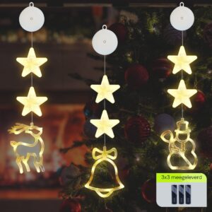 Kerstverlichting Raam Kerstbel, Sneeuwpop, Rendier - 73-82cm - Inclusief Batterijen - Kerstversiering met Zuignap - Warm Wit