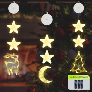 Kerstverlichting Raam Kerstboom, Maan, Rendier - 73-82cm - Inclusief Batterijen - Kerstversiering met Zuignap - Warm Wit