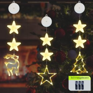 Kerstverlichting Raam Ster, Kerstboom, Rendier - 73-82cm - Inclusief Batterijen - Kerstversiering met Zuignap - Warm Wit