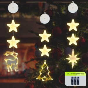 Kerstverlichting Raam Kerstboom, Noorderster, Rendier - 73-82cm - Inclusief Batterijen - Kerstversiering met Zuignap - Warm Wit