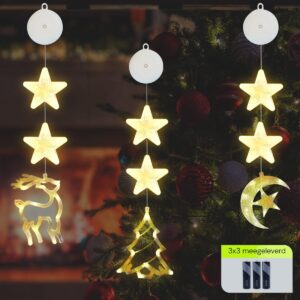 Kerstverlichting Raam Halve maan, Kerstboom, Rendier - 73-82cm - Inclusief Batterijen - Kerstversiering met Zuignap - Warm Wit