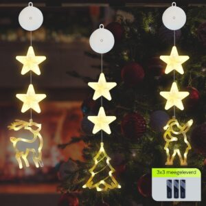 Kerstverlichting Raam Kerstboom, Kerstman, Rendier - 73-82cm - Inclusief Batterijen - Kerstversiering met Zuignap - Warm Wit