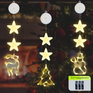 Kerstverlichting Raam Kerstboom, Rendier, Sneeuwpop - 73-82cm - Inclusief Batterijen - Kerstversiering met Zuignap - Warm Wit