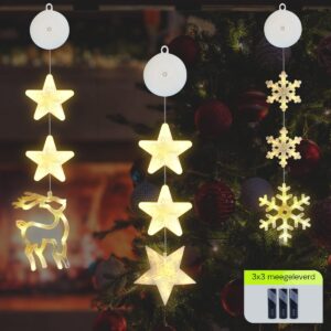 Kerstverlichting Raam Rendier, Sneeuwvlokken, Sterren - 73-82cm - Inclusief Batterijen - Kerstversiering met Zuignap - Warm Wit