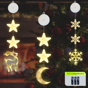 Kerstverlichting Raam Maan, Rendier, Sneeuwvlokken - 73-82cm - Inclusief Batterijen - Kerstversiering met Zuignap - Warm Wit
