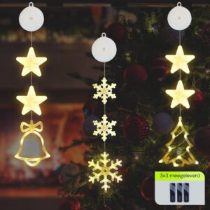 Kerstverlichting Raam Kerstbel, Kerstboom, Sneeuwvlokken - 73-82cm - Inclusief Batterijen - Kerstversiering met Zuignap - Warm Wit