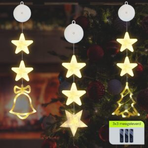 Kerstverlichting Raam Kerstbel, Kerstboom, Sterren - 73-82cm - Inclusief Batterijen - Kerstversiering met Zuignap - Warm Wit
