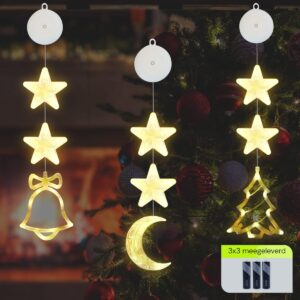 Kerstverlichting Raam Kerstbel, Kerstboom, Maan - 73-82cm - Inclusief Batterijen - Kerstversiering met Zuignap - Warm Wit