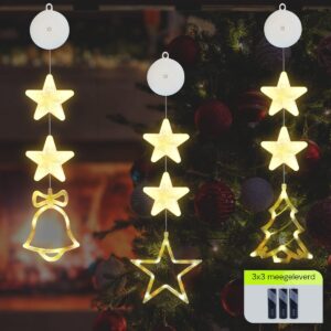 Kerstverlichting Raam Ster, Kerstboom, Kerstbel - 73-82cm - Inclusief Batterijen - Kerstversiering met Zuignap - Warm Wit