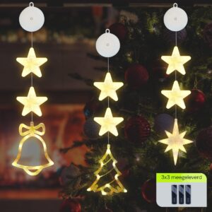 Kerstverlichting Raam Kerstbel, Kerstboom, Noorderster - 73-82cm - Inclusief Batterijen - Kerstversiering met Zuignap - Warm Wit