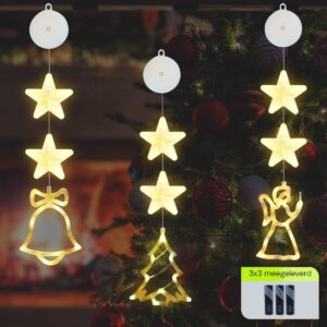 Kerstverlichting Raam Engel, Kerstbel, Kerstboom - 73-82cm - Inclusief Batterijen - Kerstversiering met Zuignap - Warm Wit