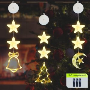 Kerstverlichting Raam Halve maan, Kerstboom, Rendier - 73-82cm - Inclusief Batterijen - Kerstversiering met Zuignap - Warm Wit