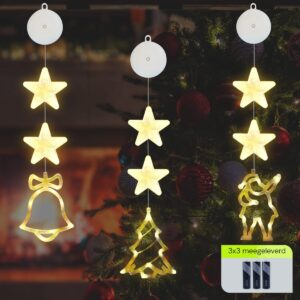 Kerstverlichting Raam Kerstbel, Kerstboom, Kerstman - 73-82cm - Inclusief Batterijen - Kerstversiering met Zuignap - Warm Wit