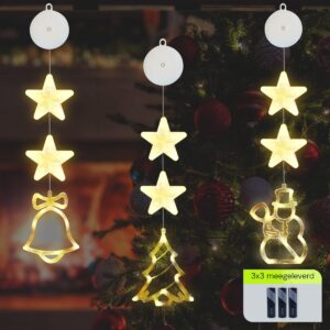 Kerstverlichting Raam Kerstbel, Kerstboom, Sneeuwpop - 73-82cm - Inclusief Batterijen - Kerstversiering met Zuignap - Warm Wit
