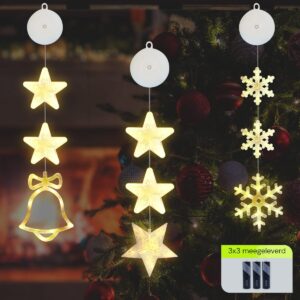 Kerstverlichting Raam Kerstbel, Sneeuwvlokken, Sterren - 73-82cm - Inclusief Batterijen - Kerstversiering met Zuignap - Warm Wit