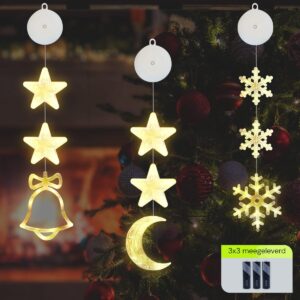Kerstverlichting Raam Kerstbel, Maan, Sneeuwvlokken - 73-82cm - Inclusief Batterijen - Kerstversiering met Zuignap - Warm Wit