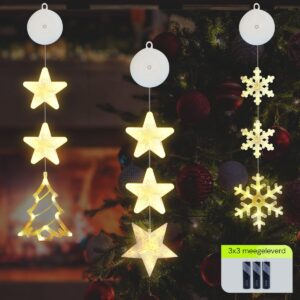Kerstverlichting Raam Kerstboom, Sneeuwvlokken, Sterren - 73-82cm - Inclusief Batterijen - Kerstversiering met Zuignap - Warm Wit