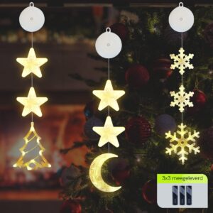 Kerstverlichting Raam Kerstboom, Maan, Sneeuwvlokken - 73-82cm - Inclusief Batterijen - Kerstversiering met Zuignap - Warm Wit