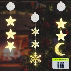 Kerstverlichting Raam Maan, Sneeuwvlokken, Sterren - 73-82cm - Inclusief Batterijen - Kerstversiering met Zuignap - Warm Wit