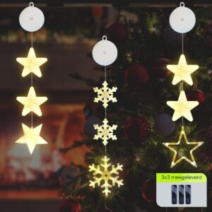 Kerstverlichting Raam Ster, Sneeuwvlokken, Sterren - 73-82cm - Inclusief Batterijen - Kerstversiering met Zuignap - Warm Wit