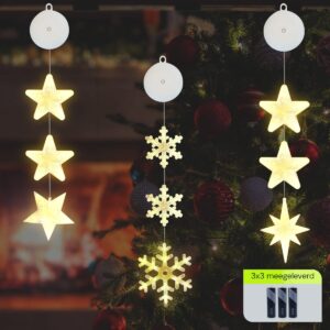Kerstverlichting Raam Noorderster, Sneeuwvlokken, Sterren - 73-82cm - Inclusief Batterijen - Kerstversiering met Zuignap - Warm Wit