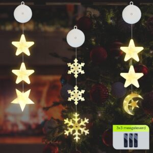Kerstverlichting Raam Halve maan, Sneeuwvlokken, Sterren - 73-82cm - Inclusief Batterijen - Kerstversiering met Zuignap - Warm Wit