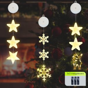 Kerstverlichting Raam Kerstman, Sneeuwvlokken, Sterren - 73-82cm - Inclusief Batterijen - Kerstversiering met Zuignap - Warm Wit